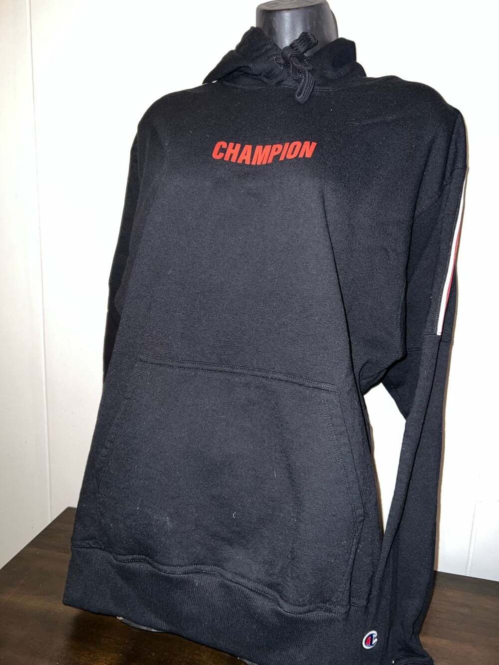 Champion Black Red Logo Reverse Weave Hoodie Size M